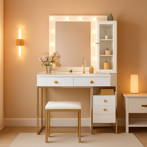 FortyOneInch White Vanity Desk With Lighted MirrorIlluminatedLED