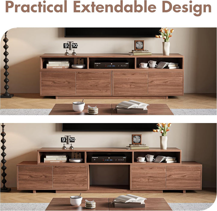 Extendable TV Stand for 65-100 Inches Tvs - Walnut Entertainment Console with 2 Cabinets, 3 Open Compartments & 1 Adjustable Shelf, Cable Management, Adjustable Length 63''-94.5'' (Walnut, 63"-94.5")