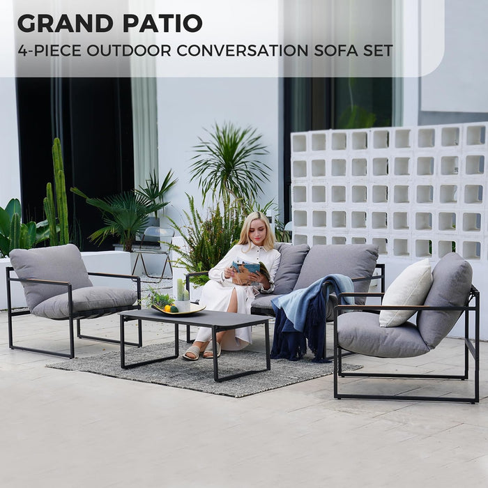 4-Piece Outdoor Furniture Set, Patio Outdoor Sofa with Cushion, Modern Metal Couch with Coffee Table, Outdoor Conversation Set for Porch Deck Balcony Backyard Living Room
