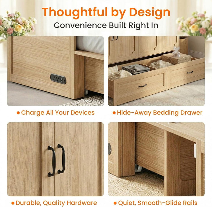 Queen Murphy Bed With Mattress NaturalWood Storage