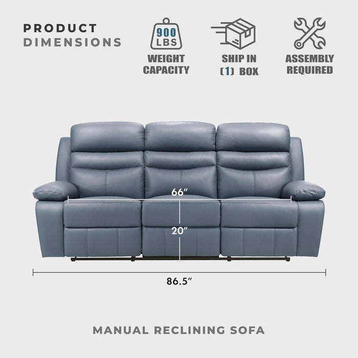 86.5" W Mnul Reclining Sof, Top Grin Lether Mtch Reclining Sof, Home Theter Seting, Wll Hugger Recliner Couch, Mnul Double Recliner RV Couch for Living Room, Blue