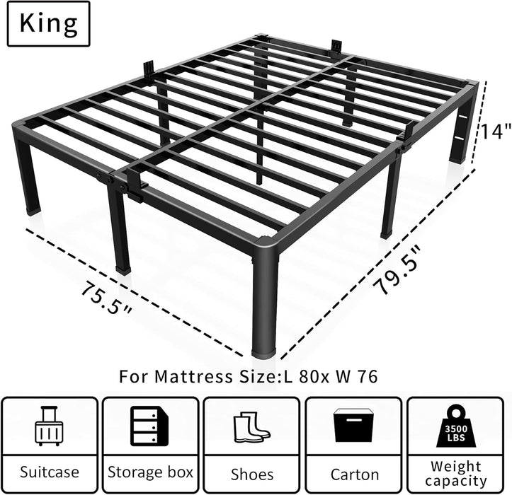 14 Inch King Size Bed Frame Metal Platform No Box Spring Needed with Headboard Hole round Corner Legs Mattress Stoppers Retainers 3500LBS Heavy Duty Steel Slats Noise-Free