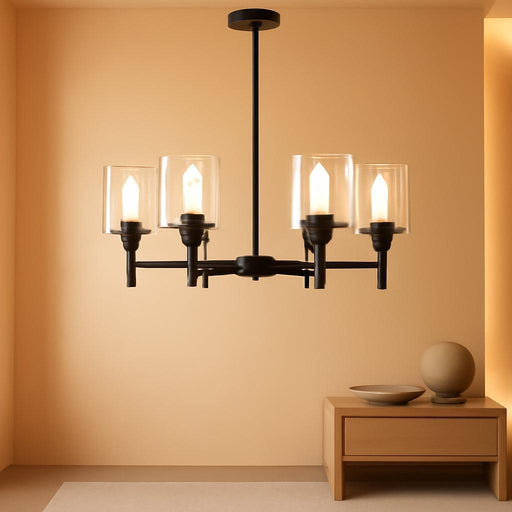 Black Chandeliers, 6 Light Dining Room Light Fixtures over Table, Farmhouse Chandeliers for Dining Room with Clear Glass Shade for Kitchen Island Living Room Bedroom Bathroom, Height Adjustable