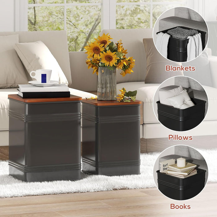 Ottoman with Storage Set of 2, Industrial Accent Side Table with Removable Wood Lid, Metal Frame and Hidden Space, Nesting Ottoman Stool for Living Room, Black