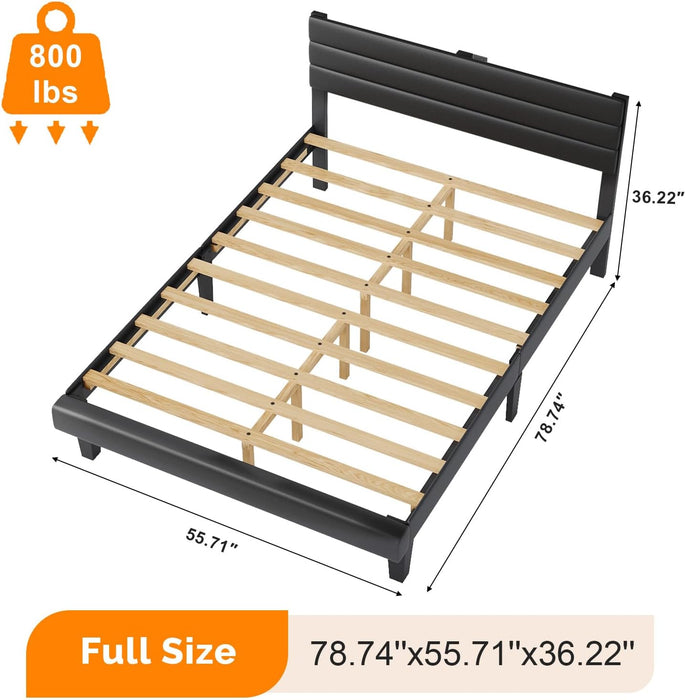 Full Upholstered Bed Frame, Adjustable Headboard, PU Leather Black