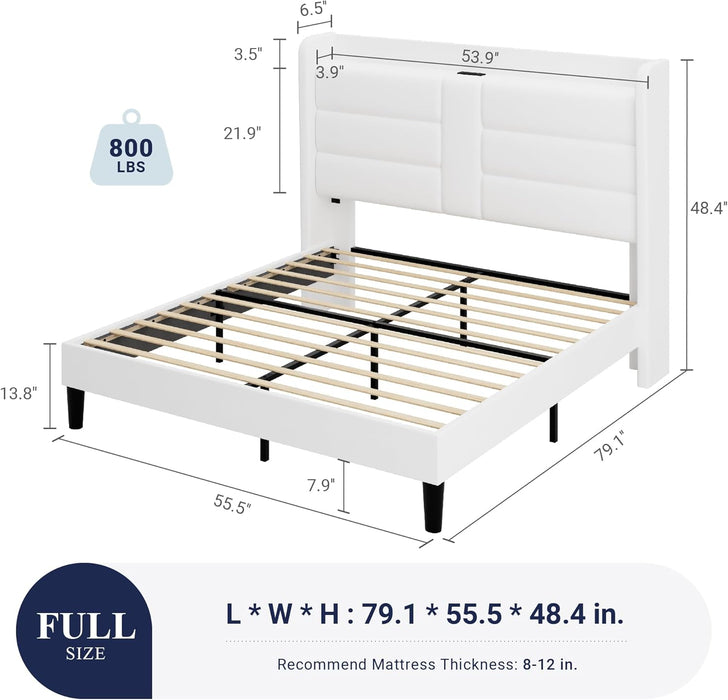 Full Size Platform Bed Frame with Charging Station & Storage Headboard, Upholstered Velvet Wingback Design & USB Port, Strong Wooden Slats Support, No Box Spring Needed, Easy Assembly, White
