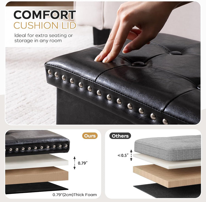 Folding Storage Ottoman Bench 30In, Leather Foot Rest Stools Ottoman with Storage, Coffee Table, End of Bed Bench Footstool for Living Room, Bedroom, Load 330 Lb, 30X15X15 Inches, Black