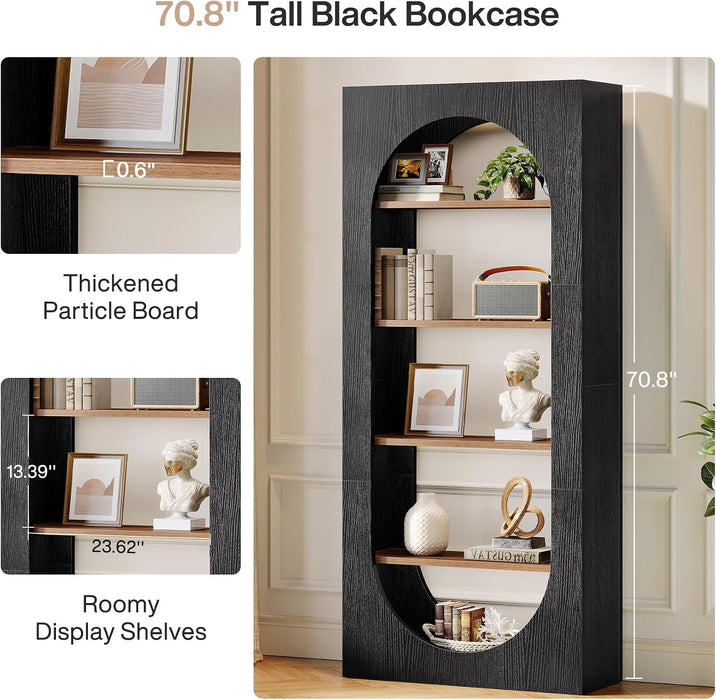 Tribesigns 5-Tier Black Bookshelf, 70.87-Inch Tall Arched Bookcase with Storage, Modern Arch Book Shelf Storage Organizer for Living Room, Home Office