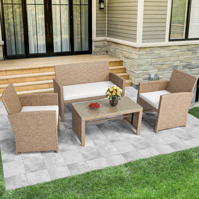 4-Piece Patio Bistro Set, All-Weather Outdoor Patio Furniture Rattan Wicker Loveseat Conversation Set with Glass Side Table and Soft Cushions, Light Brown+Beige