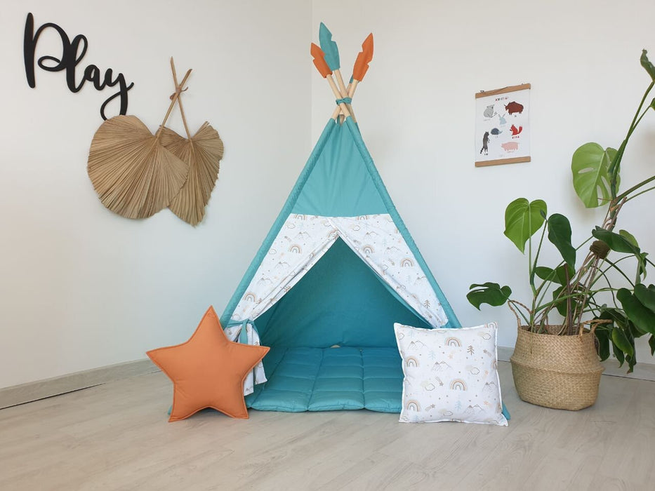 Large Kids Teepee Tent with Padded Mat , Kids Playhouse , Indoor Playzone , Rainbow Teepee Print , Turquoise Color Teepee