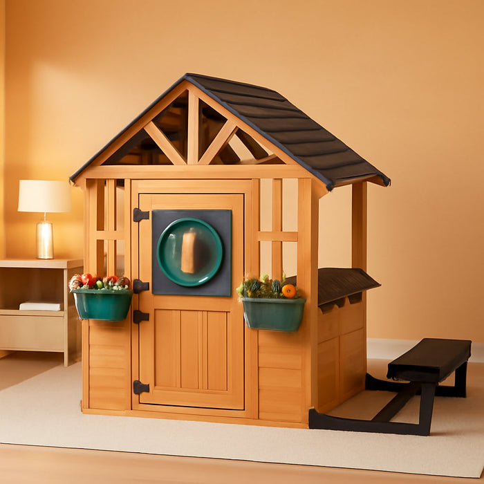 Kids Outdoor Playhouse with Dog Door, Wooden Toddler outside Play Kitchen W/Picnic Bench, Flower Pot, Cookware & Windows for Garden, Backyard, Indoor Playroom, Ages 3-8 (Natural)