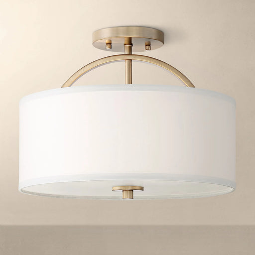 Halsted Modern Ceiling Light Semi Flush Mount Fixture 15" Wide Warm Brass 2-Light Oatmeal Linen Drum for Bedroom Living Room House