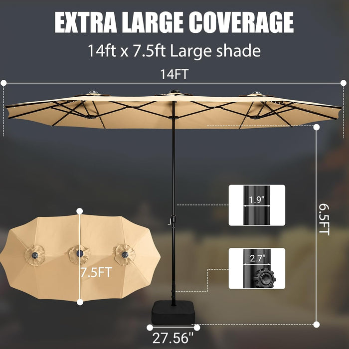 15FT Large Patio Patio Umbrella with Base & Solar LED Lights - Double-Sided,Kahaki