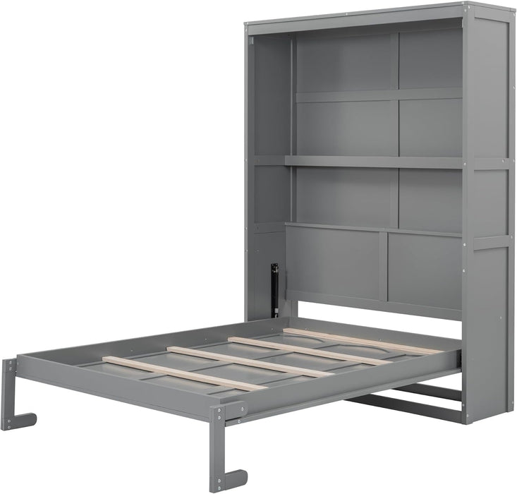 Full Size Murphy Bed Wall Bed with Shelves and Mattress Holder,Wood Hideaway Cabinet Chest W/Slat Support,Can Be Folded,For Small Room,Dorms,Gray