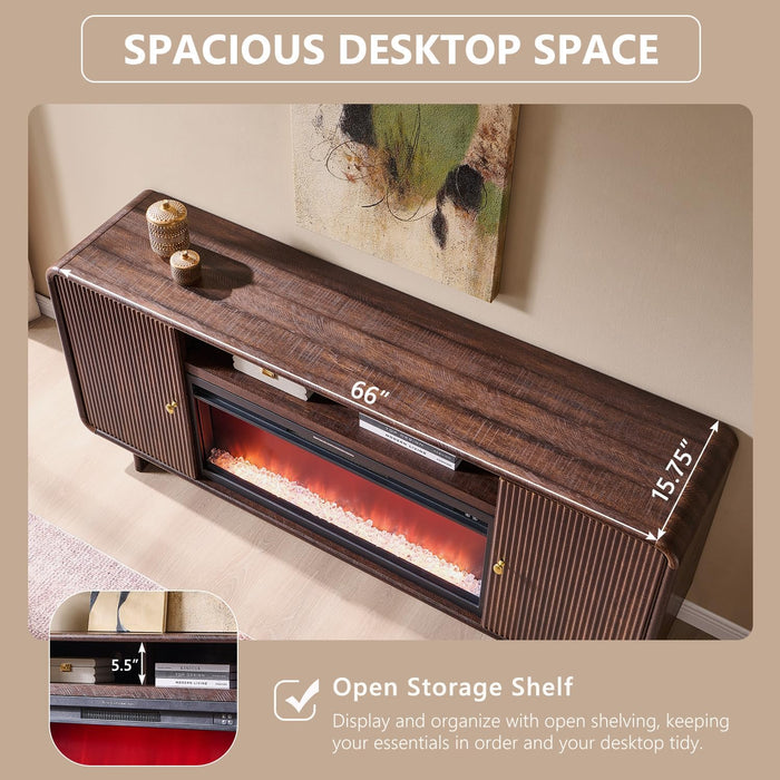 70" Fluted Fireplace TV Stand for 80 Inch TV, Modern Entertainment Center W/36'' Electric Fireplace, Wood Media Console W/Curved Profile Design and Adjustable Shelves for Living Room, Brown