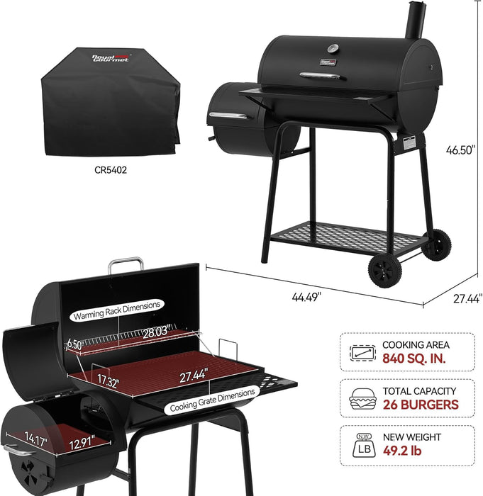 CC1830FC 28-Inch Barrel Charcoal Grill with Offset Smoker, 840 Sq. In. Cooking Area, Front Shelf, Charcoal Grill for Outdoor Grilling and Backyard Cooking, Black