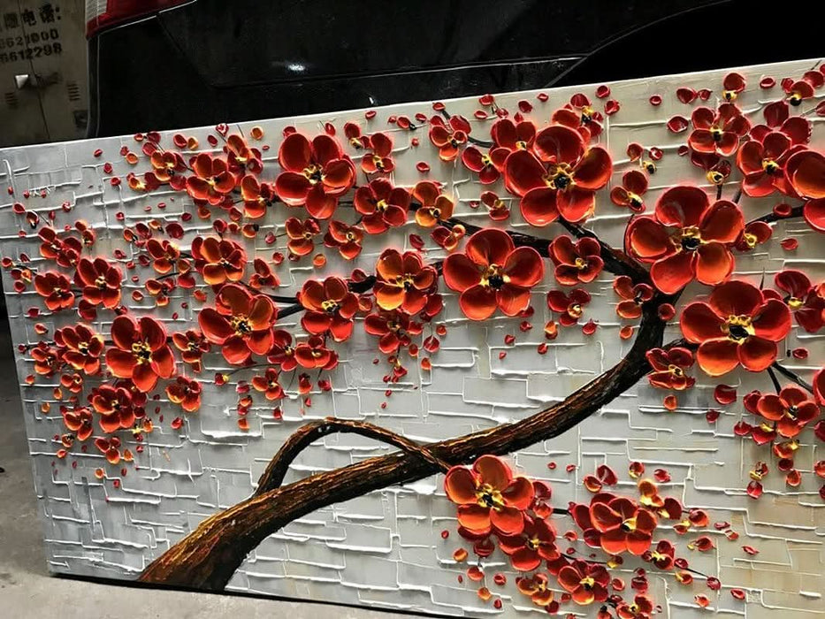 - Hand-Painted Oil Painting on Canvas Texture Palette Knife Red Flowers Paintings Modern Home Decor Wall Art Painting Colorful 3D Flowers Tree Paintings Ready to Hang 24X48Inch