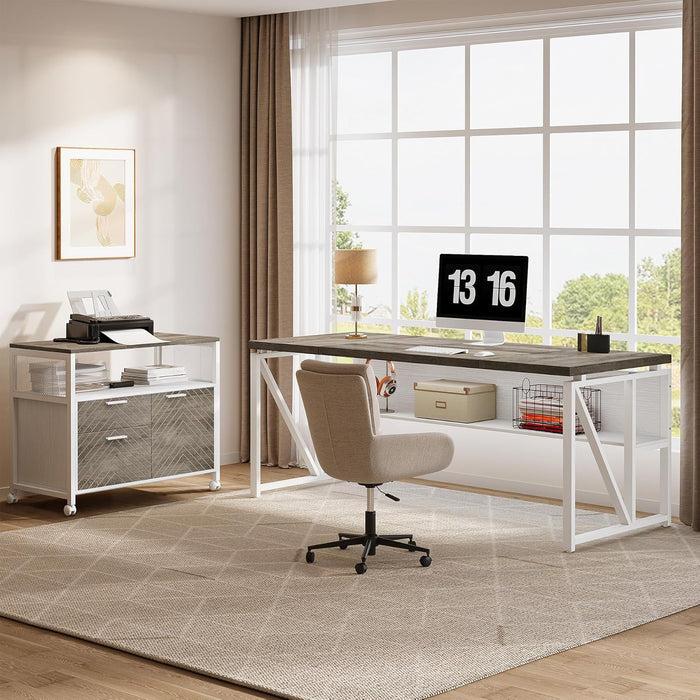 L-Shaped Desk with Drawers, 63" Executive Office Desk with Mobile File Cabinet and Storage Shelves, Home Office Business Furniture Set (Gray, White)