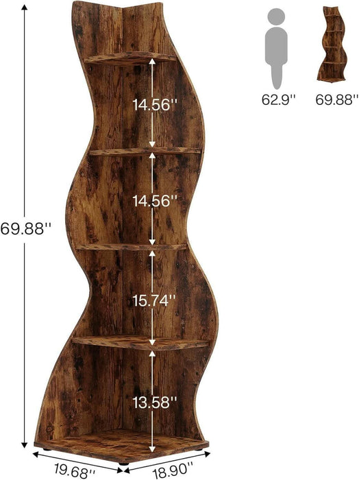 Corner Shelf, Rustic 5-Tier Wall Corner Bookshelf, Stylish Corner Small Bookcase Storage Rack Plant Stand with Unique Shape for Living Room, Home Office (1PC, Brown)