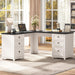 Farmhouse L Shaped Executive Desk with 6 Drawers, 69’’ Wood Home Office Desk with File Cabinet, Writing Corner Computer Desk for Home Office, Work, Study, White and Black