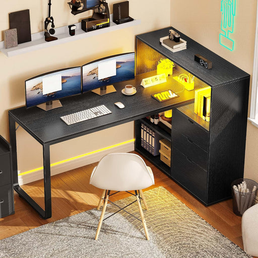 L Shaped Desk with Power Outlets & LED Lights & File Cabinet, 55" Corner Computer Desk with 3 Drawers & 3 Storage Shelves, Home Office Desk with Bookshelf, Black