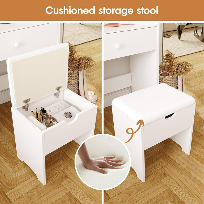 24.4" Small Makeup Vanity Desk with Mirror and Lights,Adjustable 3 Lighting Modes,White Compact Vanity Set with Charger Station and Storage Stool