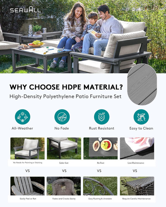 HDPE Outdoor Patio Furniture Set, 7-Piece Outdoor Sectional Patio Conversation Set, All Weather Outdoor Couch Set Patio Sofa Set for Deck, Lawn, Grey Frame with Khaki Cushion