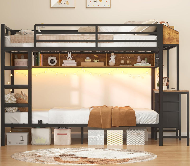 Bunk Bed Twin over Twin with Charging Station and LED Lights, Heavy Duty Metal Bunk Bed with Desk and 3 Storage Drawers, Utility Storage Shelf and Boxes, No Box Spring Needed, Black