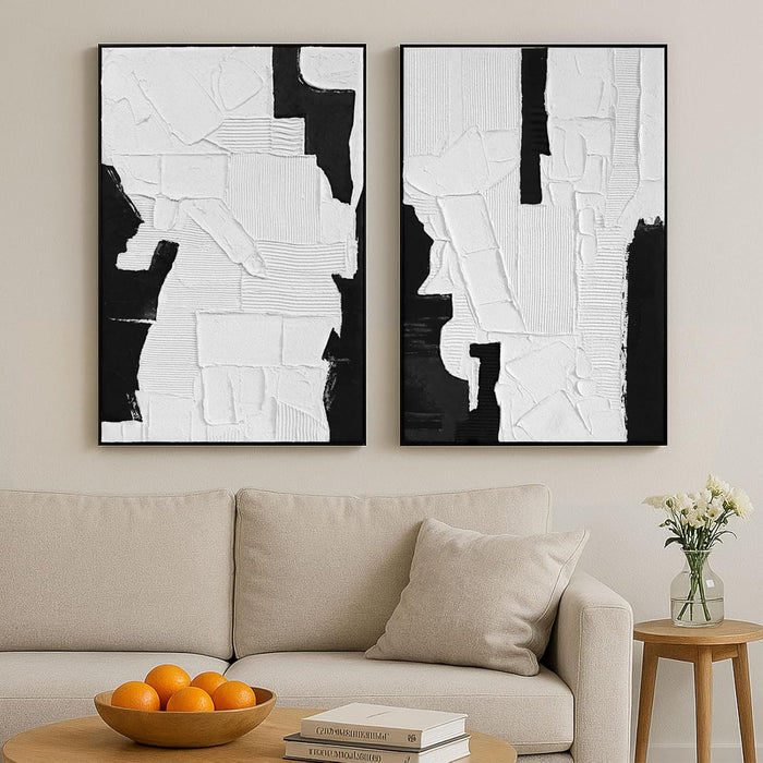 3D Textured Wall Art Hand-Painted Black and White Abstract Plaster Effect Canvas - Minimalist Modern Living Room Bedroom Decor Framed Set of 2-24"X36" Each