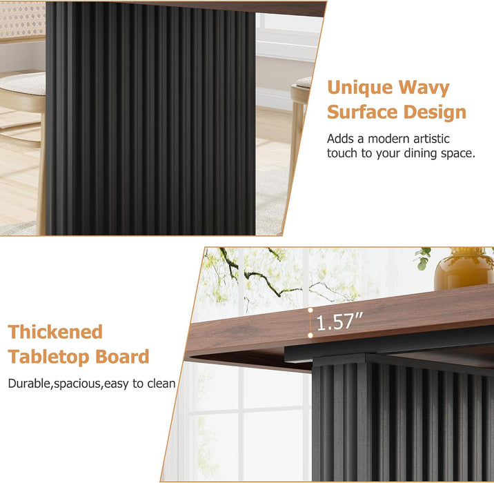 Modern Dining Table for 6-8, 71" Rectangular Farmhouse Kitchen Table with 3.6"×22.9" Black Fluted Wave Metal Legs & Wooden Top, Large Dining Table for Home Office, Dining, Walnut