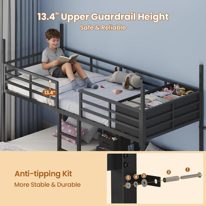 Black CommercialGrade Triple Bunk Bed HouseShaped LED