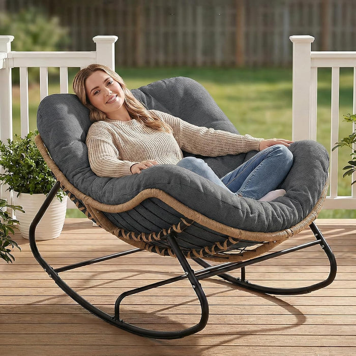 Outdoor Rocking Papasan Chair with Thick Cushion, Dark Gray