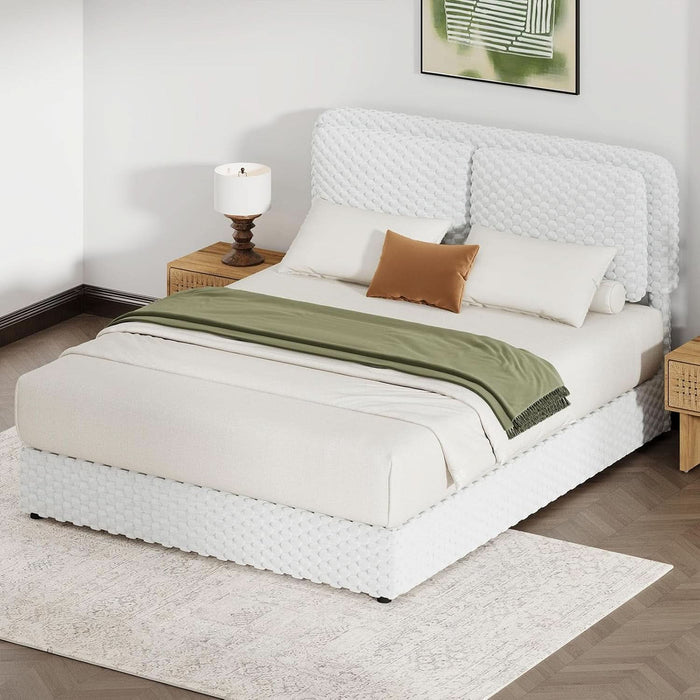 Queen Size Bed Frame with Headboard, Queen Size Corduroy Upholstered Platform Bed Frame with Soft Headboard, Wooden Slats Support, No Box Spring Needed, Easy Assembly, White