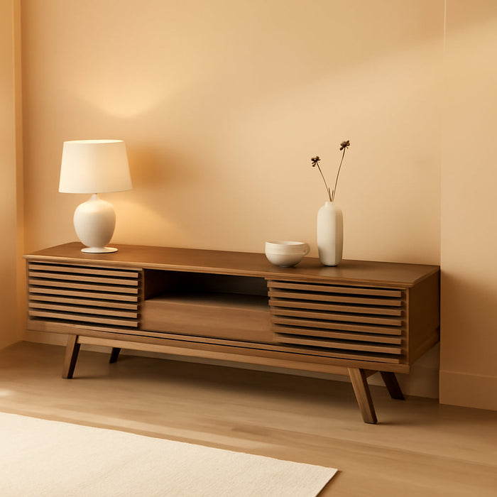 Render 70" Mid-Century Modern Low Profile Entertainment TV Stand, 70 Inch, Walnut Walnut