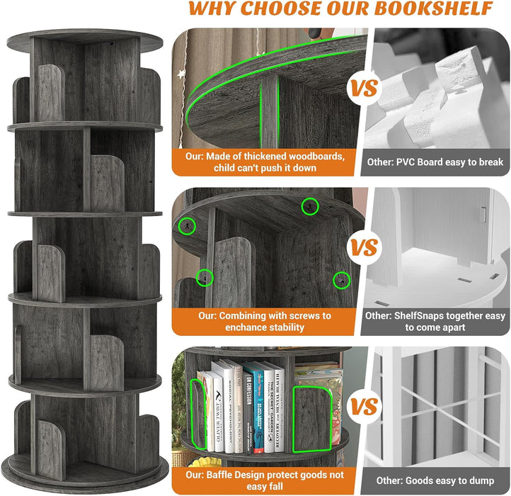 Rotating Bookshelf, 5 Tier Wood Spinning Bookshelf Tower,Black Oak
