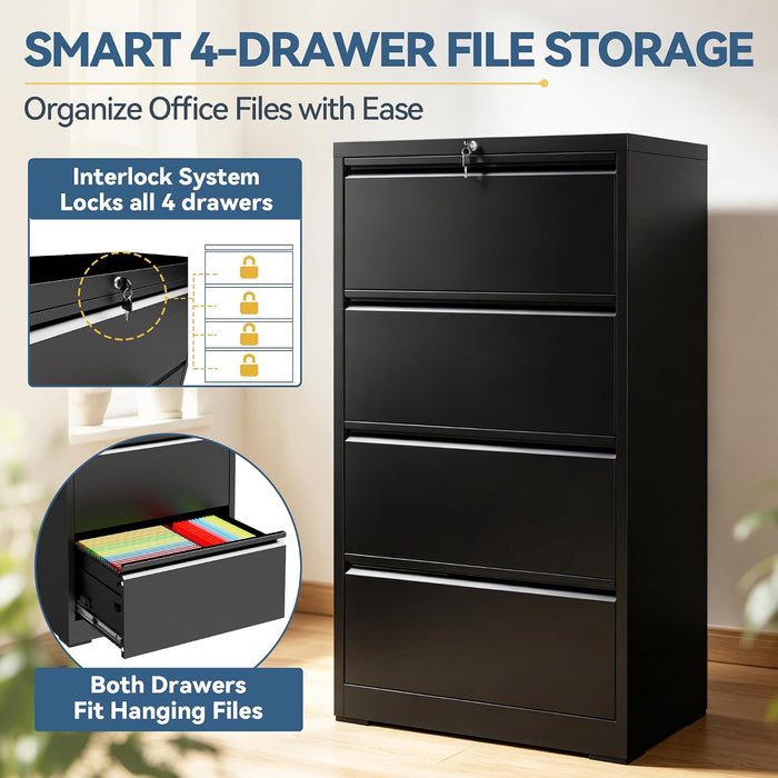 4 Drawer File Cabinet with Lock, Black Metal Lateral Filing Cabinet