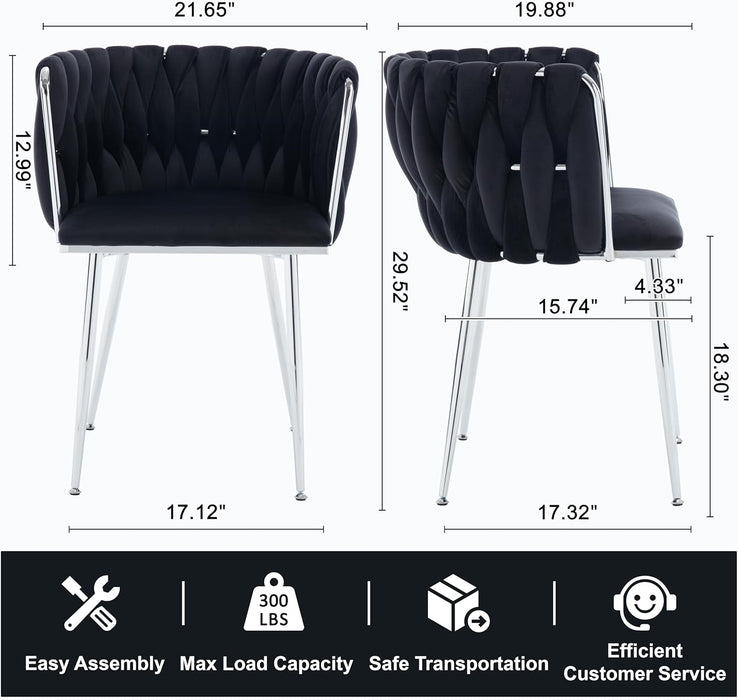 Velvet Dining Chairs Set of 2, Woven Upholstered Side Chairs with Silver Metal Legs, Modern Accent Leisure Chairs Kitchen & Dining Room Chair for Bedroom Living Room, Black