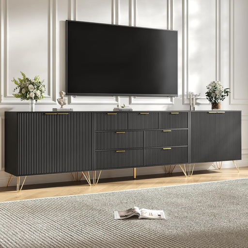 Fluted TV Stand for Tvs up to 100 Inch, 110” Entertainment Center with Storage and Adjustable Shelves, Modern Media Console with Golden Handles for Living Room, Black