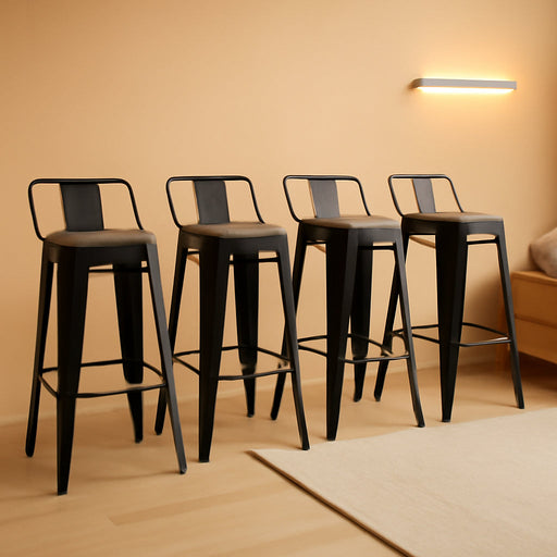 30" Metal Barstools Set of 4 Bar Height Bar Stools with Wooden Top Low Back Industrial Bar Stools Metal Stool for Indoor-Outdoor Counter Stools with Wooden Seat Matte Black