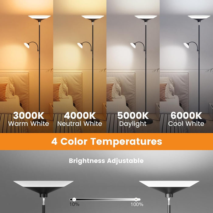 Upgraded 2-In-1 Torchiere Floor Lamp, Dimmable Standing Lamp with Remote&Button Control, 34W Brightness Adjustable Floor Reading Light, Black Modern Corner Lamp for Living Room Bedroom Office