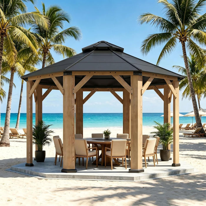 13' X 13' Outdoor Wood Gazebo, Hardtop Gazebo Permanent Wooden Pavilion with Galvanized Steel Double Roof, for Packyard, Garden, Deck, Cedar Wood