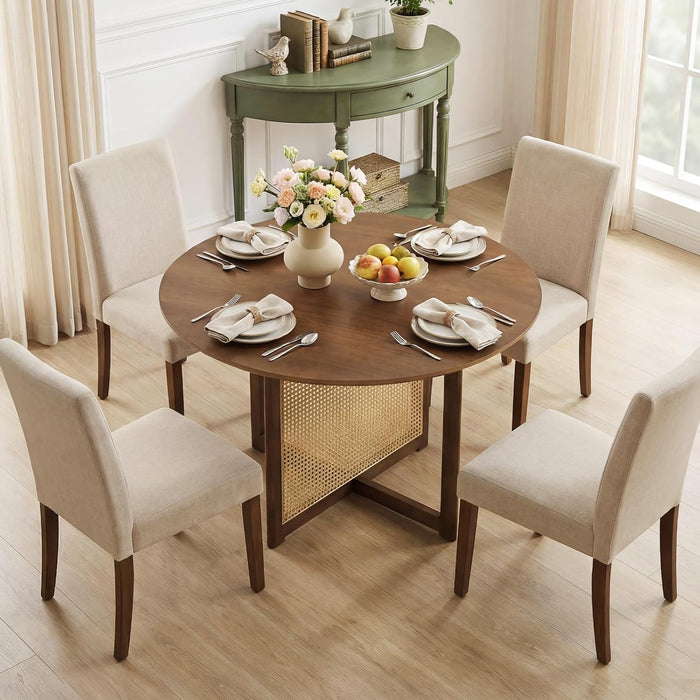 37.5" round Dining Table for 2-4, Farmhouse Kitchen Table with Solid Rubberwood Pedestal & Rattan Base, Modern Small Circle Dinner Table for Dinette Living Room