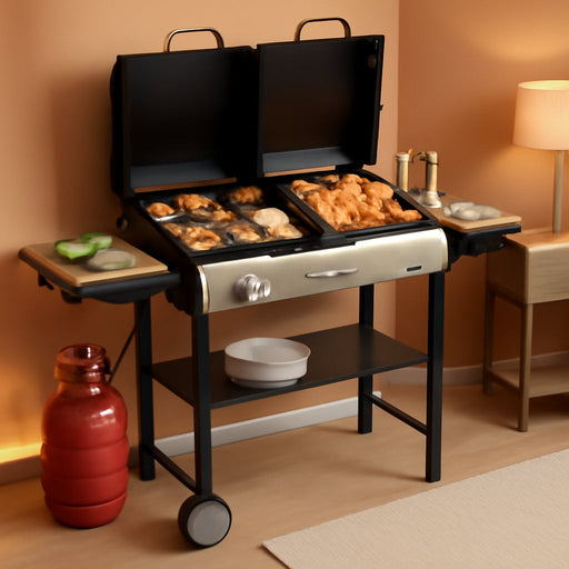 2-In-1 Propane Gas Grill and Charcoal Grill Combo with Lid, 12000BTU Flat Top Griddle & Charcoal BBQ Grill with Electronic Ignition, Enamel Griddle & Grate for Outdoor Backyard Cooking Barbecue