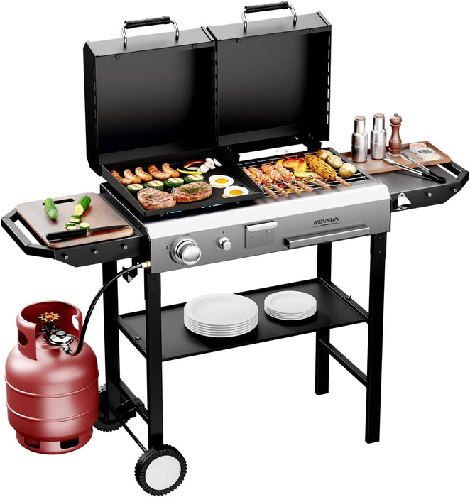 2-In-1 Propane Gas Grill and Charcoal Grill Combo with Lid, 12000BTU Flat Top Griddle & Charcoal BBQ Grill with Electronic Ignition, Enamel Griddle & Grate for Outdoor Backyard Cooking Barbecue