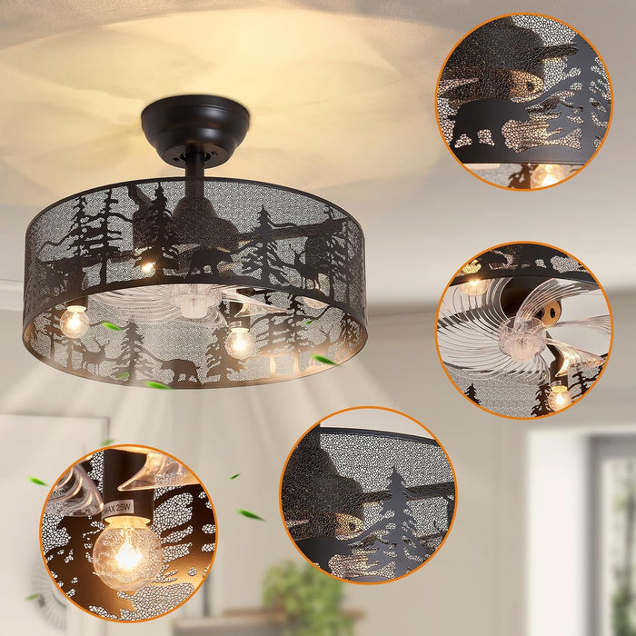 Rustic Ceiling Fan with Light and Remote, Black round Fandelier