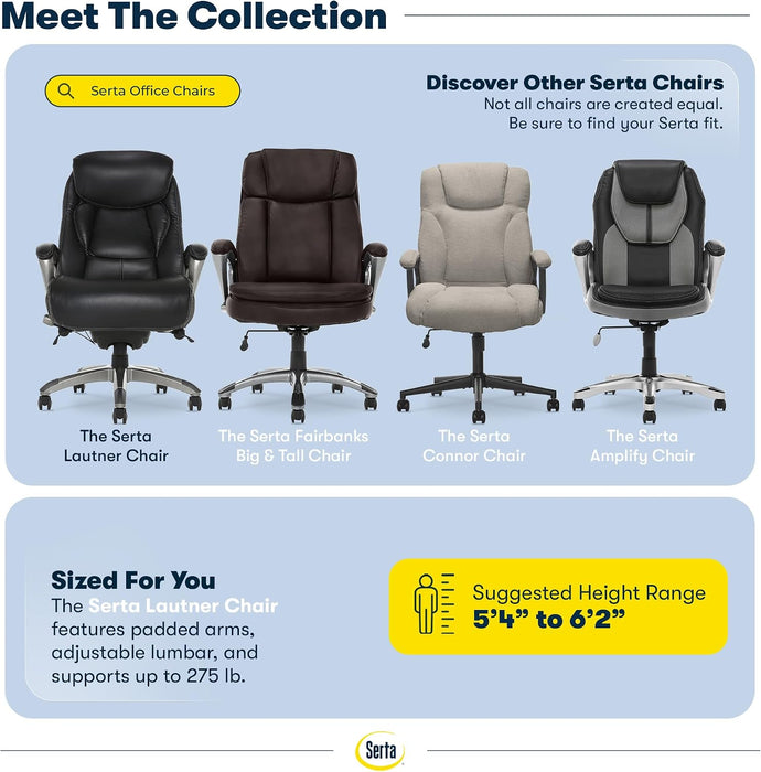 Lautner Executive Home Office Desk Chair, Ergonomic High-Back with Adjustable Lumbar & Body Pillows, Smartlayers and Comfortcoils Technology, Mesh and Bonded Leather, Black/ Gray
