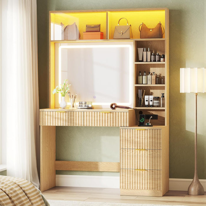 Oak Luxurious Vanity Desk With Mirror Illumination