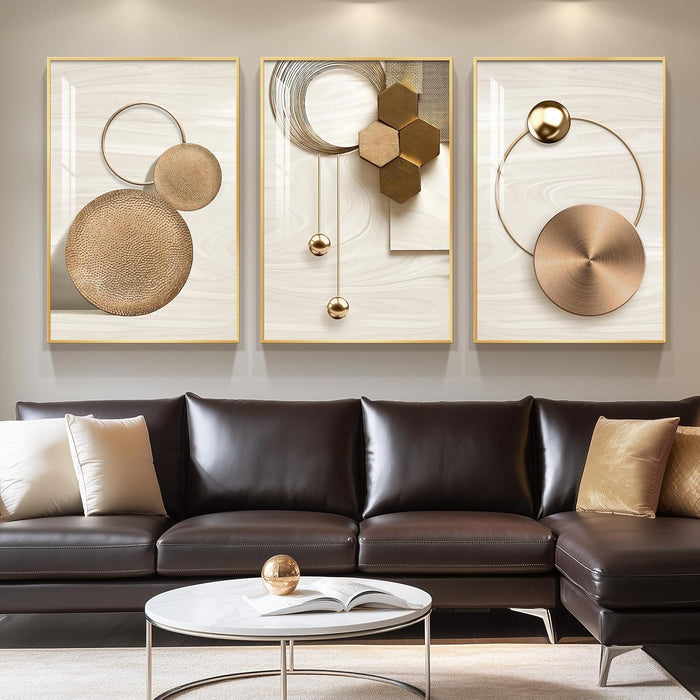 Large Framed Modern Luxury Gold Wall Art for Living Room, 3 Piece 24X36 in | Bright Style Art Prints, Golden Geometric Pictures, Crystal Coating Wall Art, Fade Resistance Prints for Bedroom Dining Room