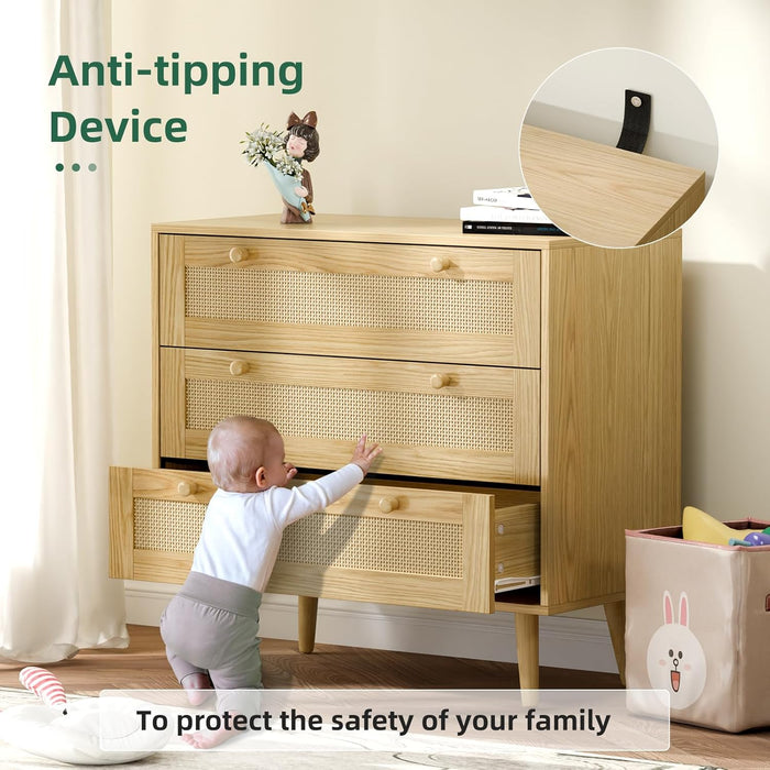 3 Drawer Rattan Dresser for Bedroom, Modern Wooden Dresser Chest with Handles for Bedroom, Hallway and Living Room, Wood Oak