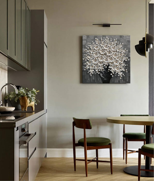 Hand Painted 3D Flower Painting White Flower in Black Vase 24X24Inch Abstract Canvas Wall Art for Living Room Bedroom Ready to Hang